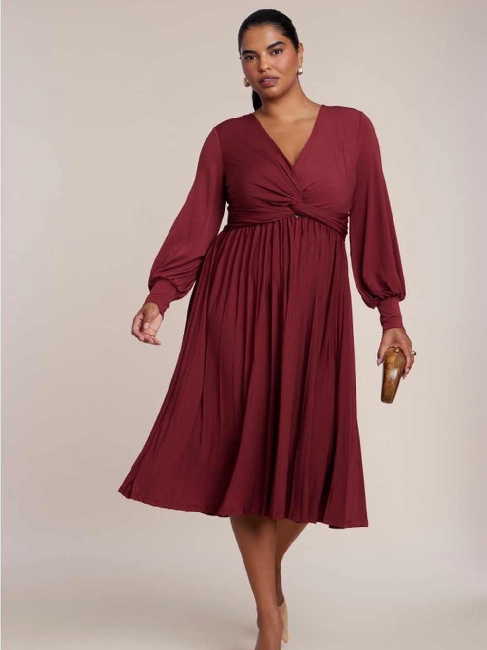 Eloquii Knot Front Pleated Skirt Dress in Rich Burgundy